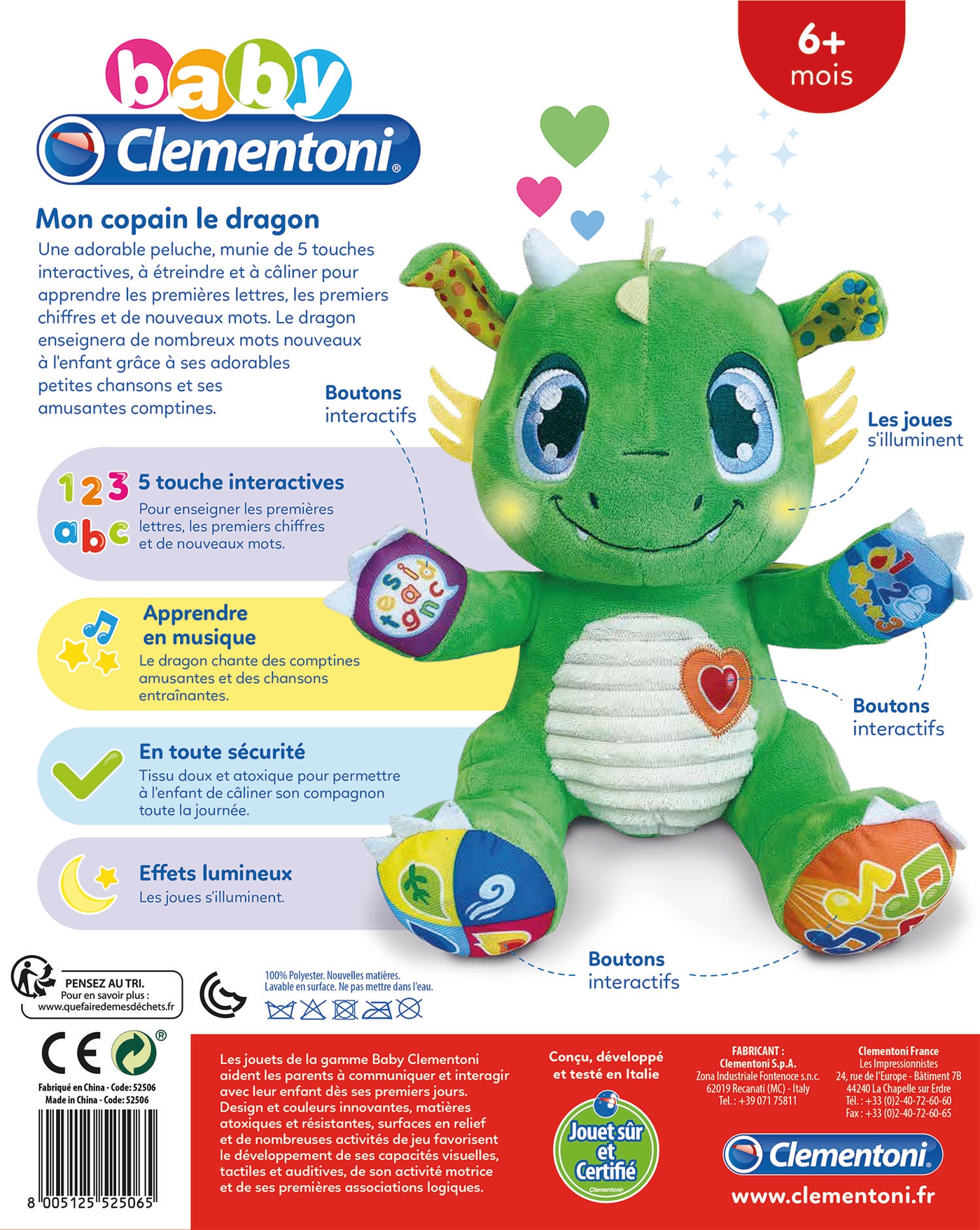 Baby Clementoni Dragon Soft Toy Ages 6 Months Sounds Interactive Green 6967 for sale online 
